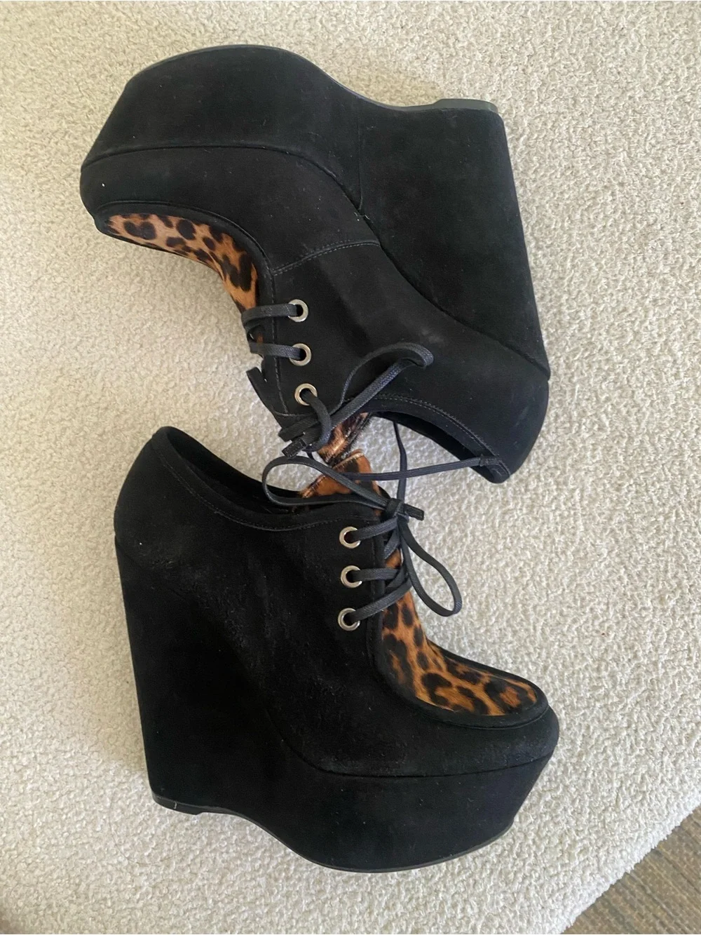 Stuart Weitzman Black Suede Platform Wedges with Leopard Accent